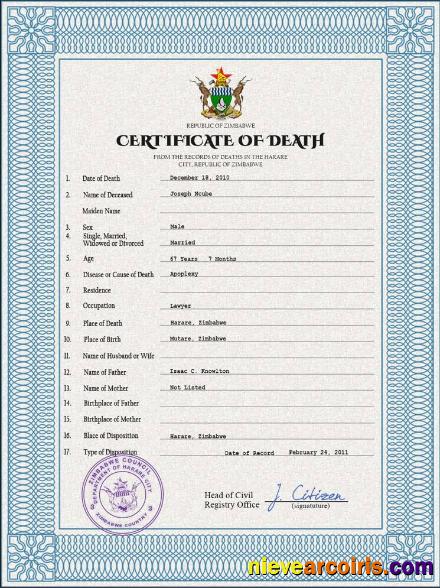 Zimbabwe death certificate